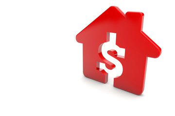 A red house with a dollar symbol. Housing price concept. 3D Rendering