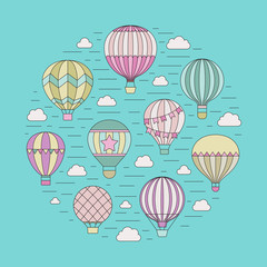 Aerostats (air balloons) in the sky outline circle illustration.