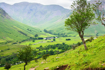 Wasdale views on the path to Scafell pike, the highest mountain in England, Lake District National Park, England, selective focus