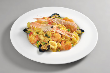 Dish of fish paella