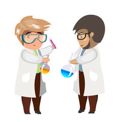 Two man chemist with test tubes and flasks, glass beaker.