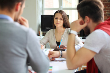 Group of creative worker brainstorm together in office, new style of workspace, happy scene of people in office