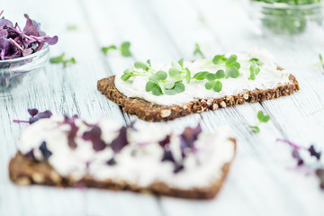 Fresh Cress with creamy Cheese on a slice of bread (selective focus)