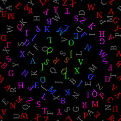 Seamless pattern with colorful alphabet, , isolated on black background. Vector illustration, easy to edit.