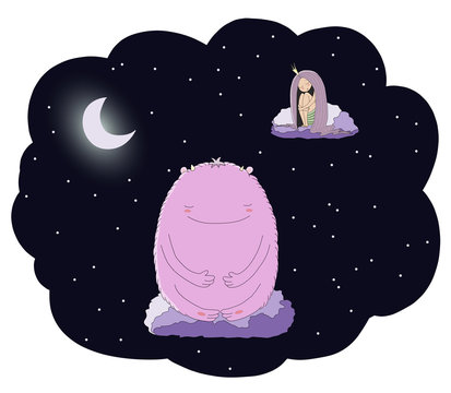 recommend clip art: Hand drawn vector illustration of a sleeping princess and cute monster floating on the clouds among the stars under the moo