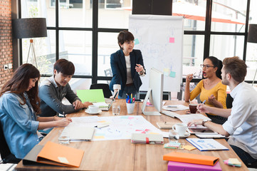 group of five multi generation of creative work place, modern style of work, entrepreneur group brainstorming