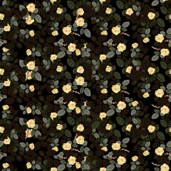Floral seamless vintage pattern. Little buds of yellow  roses with leaves on a black background. Background for textile, manufacturing, wallpapers, print or gift wrap.. Vector illustratio