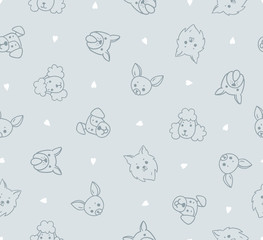 Dogs heads. Vector seamless pattern with dogs on the grey background.  Funny design for kids