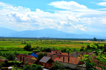 Fototapeta na wymiar Rural landscape. Aerial view of the village Feldioara, Transylvania.