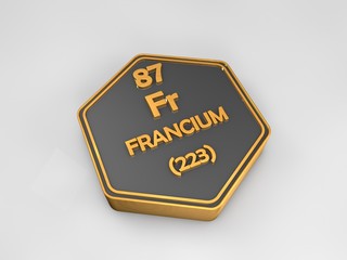 Francium - Fr - chemical element periodic table hexagonal shape 3d render