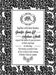 Damask pattern design for wedding invitation in black and white. Brocade royal frame and exquisite monogram