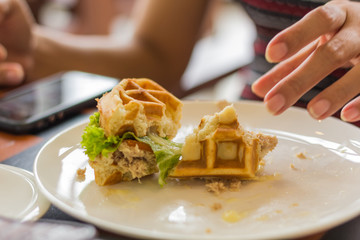 Waffle breakfast in a coffee shop