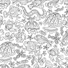 A pattern of fancy whimsical sea creatures, for to paint. Doodle Style. Vector illustration.