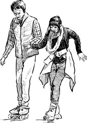 A young couple learning to skate