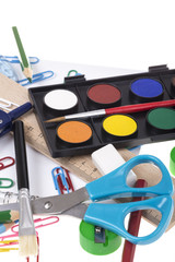 back to school template with stationery and notebook on white