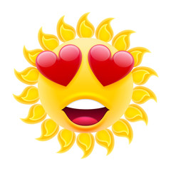 Smile in Love Emoticon Sun. Emoji with Two Hearts