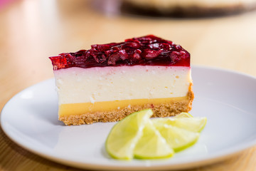 Piece of cheesecake on a plate with a decor