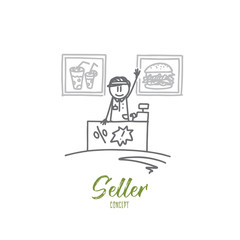 Seller concept. Hand drawn salesman behind the counter. Professional seller in fast food cafe isolated vector illustration.
