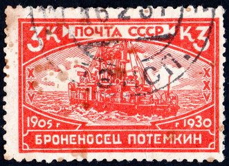 UKRAINE - CIRCA 2017: A postage stamp printed in USSR shows Battleship Potemkin, from the series 25th Anniversary of Revolution of 1905, circa 1930
