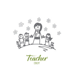 Teacher concept. Hand drawn portrait of teacher with pupils. Group of learners with female teacher isolated vector illustration.