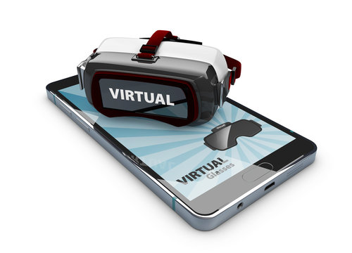 Virtual reality headset on the phone screen, 3d Illustration