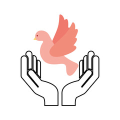 hands human with cute dove flying icon vector illustration design