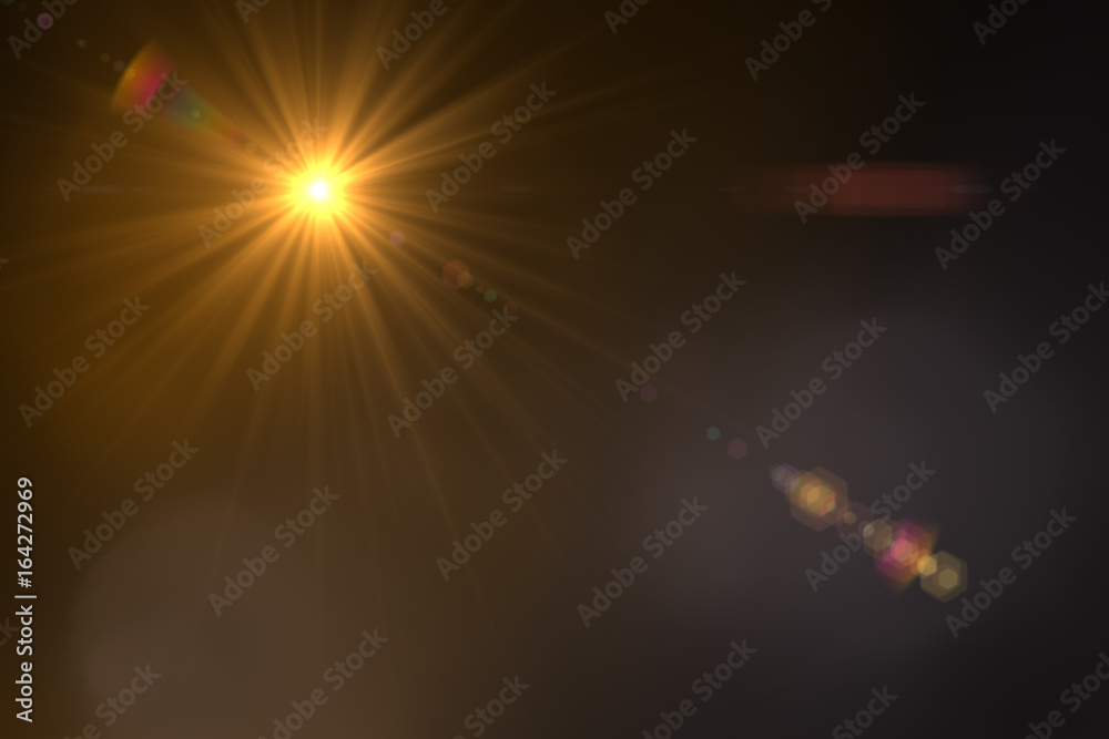 Poster sunburst with lens flare light over black background. easy to add overlay or screen filter over phot