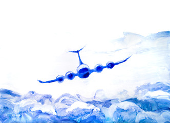 Airplane in the sky, travel and transport concept illustration. Watercolour textured collection.