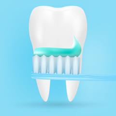 Realistic Tooth And Toothbrush Poster Stomatology Icon Isolated On A Background. Realistic Vector Illustration.