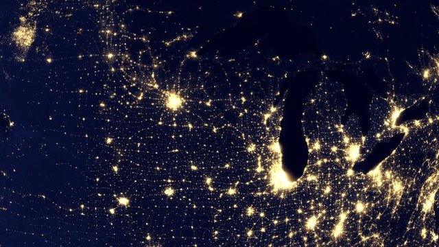 North America flyover at night. Wide angle view from space. Broadcast quality 4K animation.