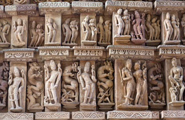 Ancient reliefs at famous erotic temple in Khajuraho, India