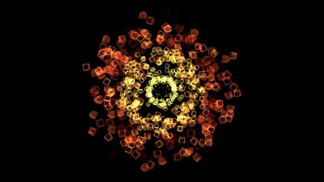 4k Abstract flying glass boxes background,flame lighters fire fireworks particle,smelting melting precious stones,geometric explosion flower backdrop.