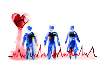 Obraz premium Abstract people made of beautiful watercolour effects. Heart symbol and puls trace line. Medical and health concept background. Watercolour textured collection.