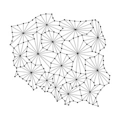 Poland map of polygonal mosaic lines network, rays and dots vector illustration.