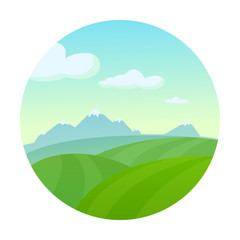 Fototapeta premium Rural landscape in round frame. Vector illustration in cartoon style