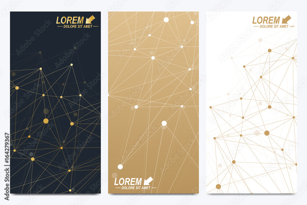 Aufkleber Modern set of vector flyers. Geometric abstract presentation. Molecule and communication background for medicine, science, technology, chemistry. Golden cybernetic dots. Lines plexus. Card surface.
