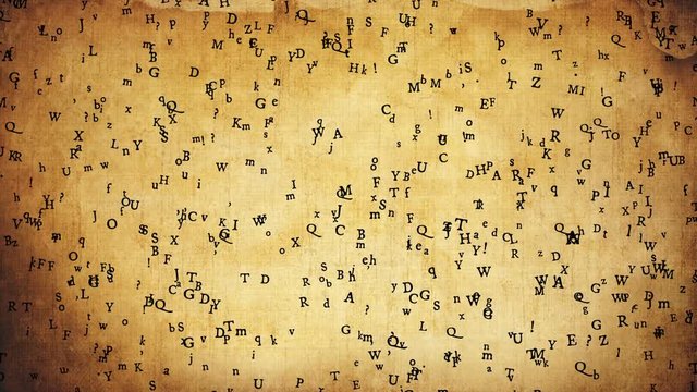 Old sytle letters / characters flying over old brown paper. High quality animation.  Seamless loop, 1080p, 30fps