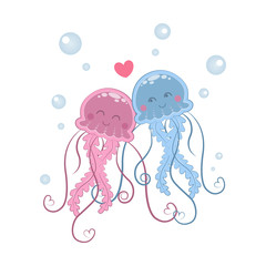 Cute couple lovers jellyfish. Vector illustration. Sea animal.