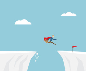 businessman jumping to red flag at cliff