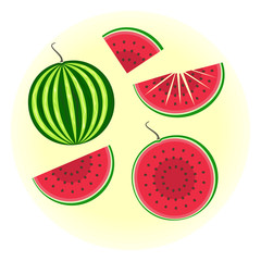 Flat vector watermelon set - full fruit and split in a half, quater, sliced on pieces. Cute colorful summer fruit