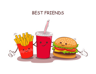 Fast food. Vector illustration of fast food. Cute best friends picture with the image of fast food. Image fast food in vintage style. Children's picture.