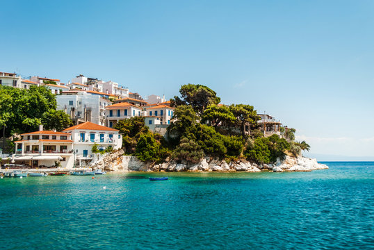 City Skiathos, Greece, with white authentic houses and beautiful nature