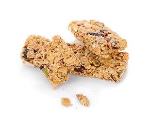 Granola bar with raisins on white background