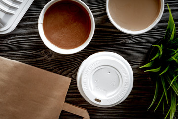 coffee break at wooden background top view