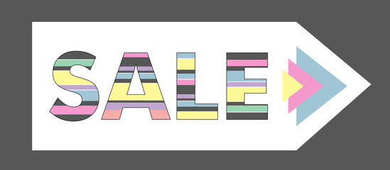 Design sale sign on the arrow. Striped colorful letters, barcode. Vector