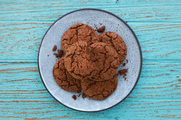 Chocolate chip cookies in plate on wood background