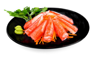 Decorate crab stick in white plate Japanese food on white background