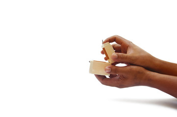 Hand Opened Empty Wooden Treasure Box Over White Background