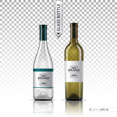 White wine and brandy or liquor bottles isolated on transparent background. Vector 3d detailed mock up set illustration