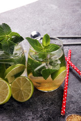 Lemon Fruit Lime Caipirinha of Brazil on grey vintage background